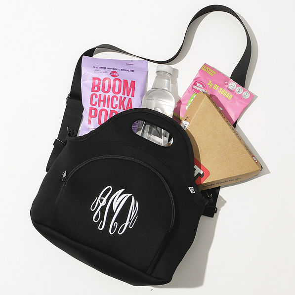 black neoprene lunch bag flatlay