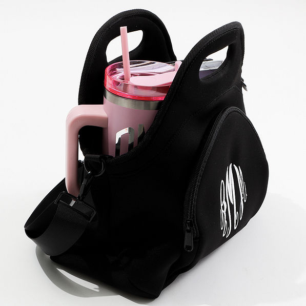 travel tumbler inside neoprene lunch bag strapped in