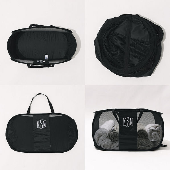 grid of monogrammed black popup hamer open closed front and inside