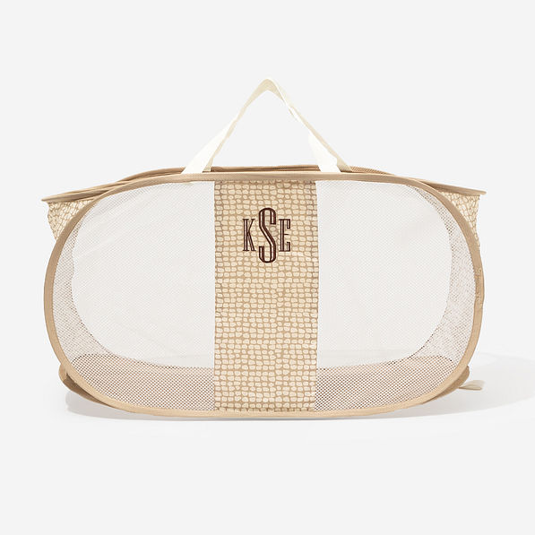 monogrammed laundry basket in khaki pebbles