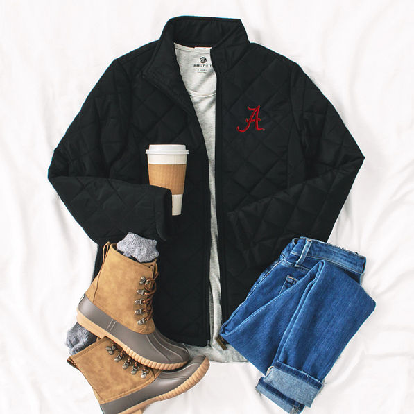 alabama crimson tide puffer jacket flatlay