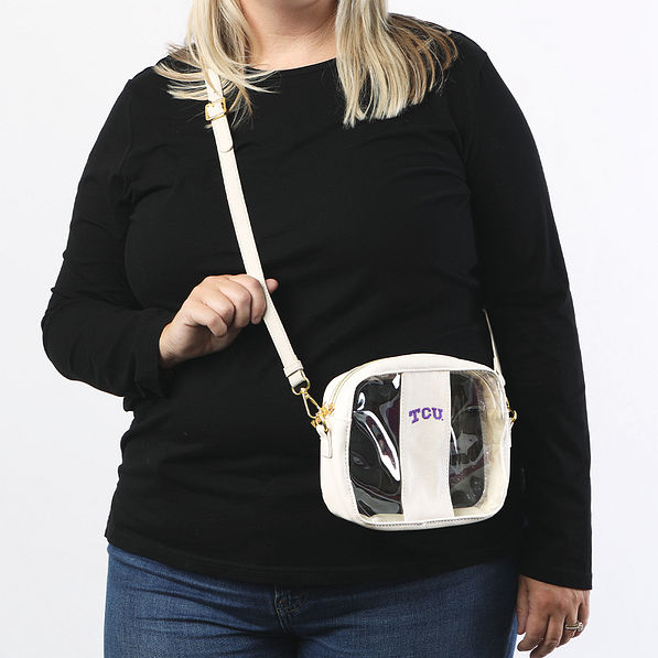 tcu horned frogs clear stadium crossbody bag on girl with long sleeve shirt