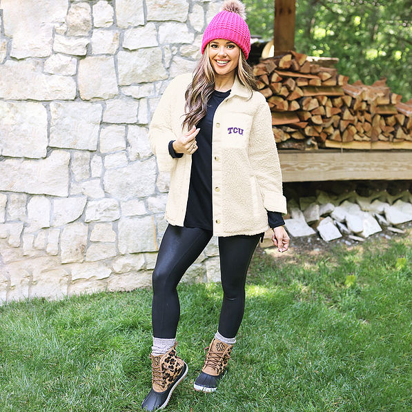 tcu ivory white sherpa shacket with leggings and duck boots