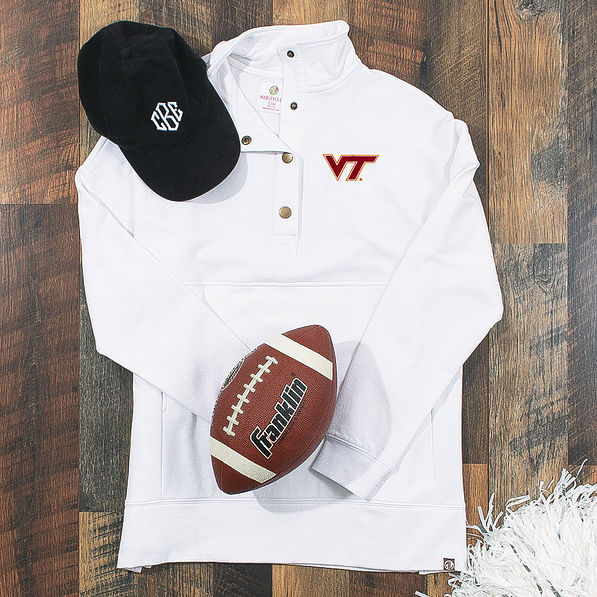 White VA Tech Pullover Flatylay