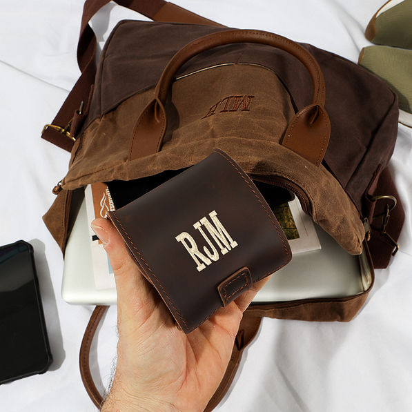 personalized watch holder with waxed canvas messenger bag