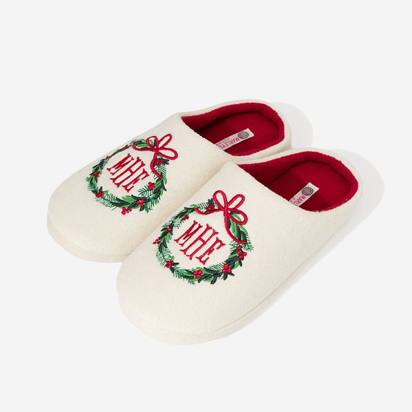 Monogramed Slippers in Christmas Wreath