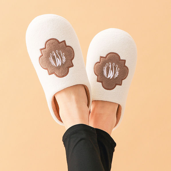 quatrefoil tan monogrammed slippers with leggings