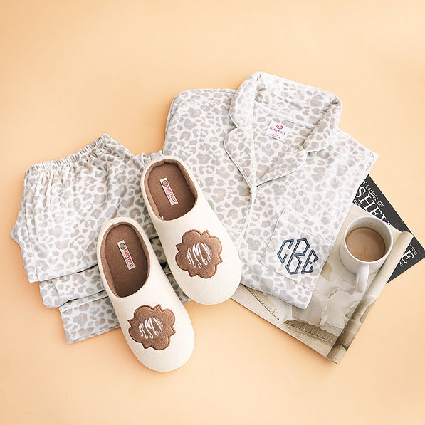tan quatrefoil slippers with monogrammed snow leopard pajamas