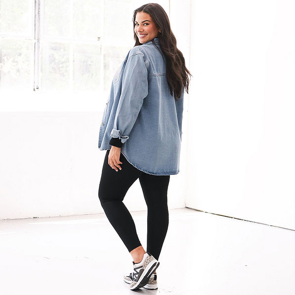 back of light wash monogrammed denim shacket