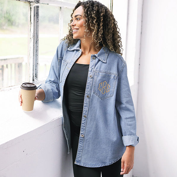 light wash denim monogrammed shack with coffee cup