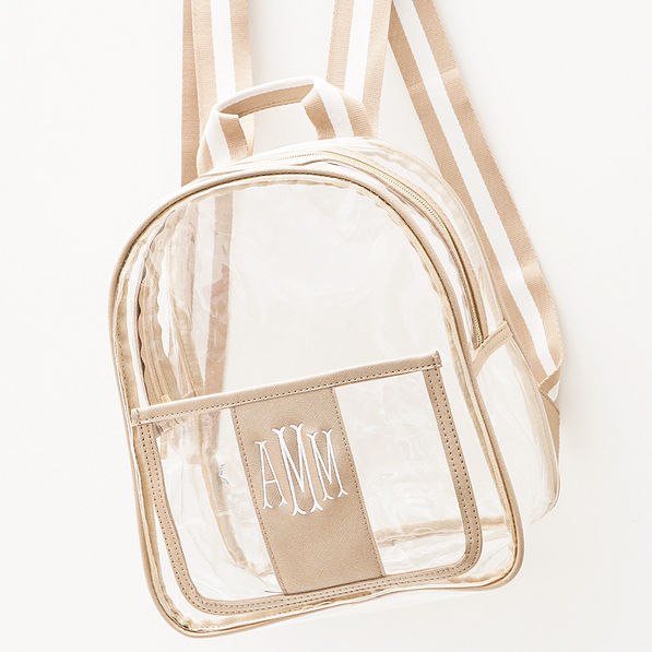 gold clear backpack purse studio shot