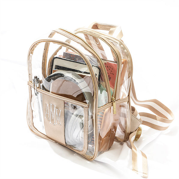 gold clear backpack purse with props inside