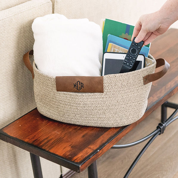 monogrammed khaki basket on table