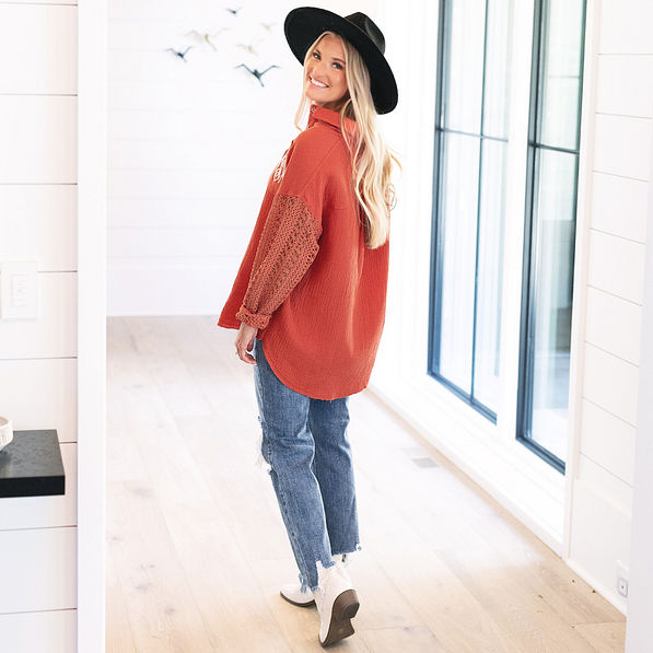 back of personalized crochet sleeve gauzy tunic in clay