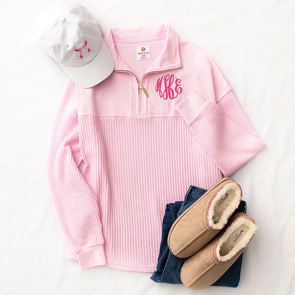 light pink waffle knit pullover flatlay