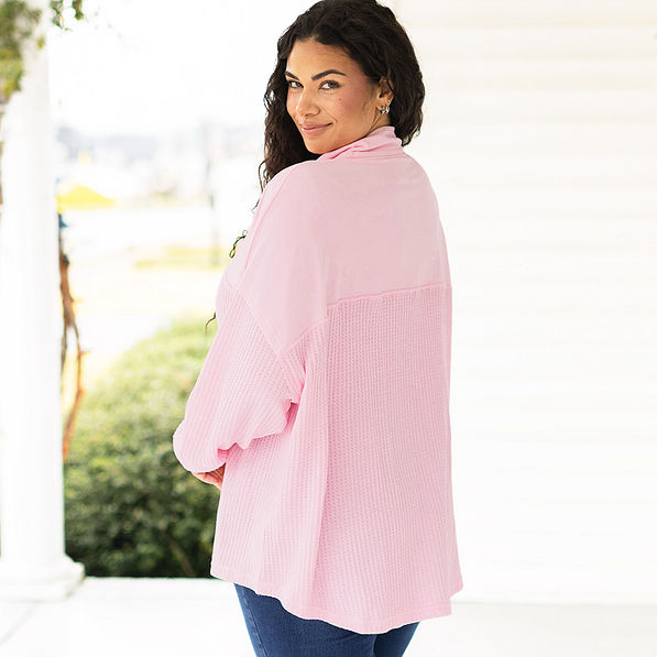 light pink waffle knit pullover on julia ann