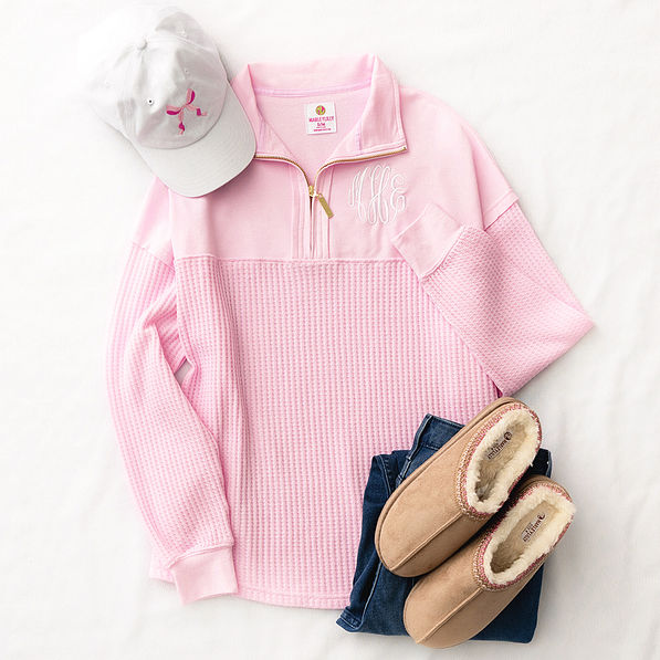 light pink waffle knit pullover flatlay