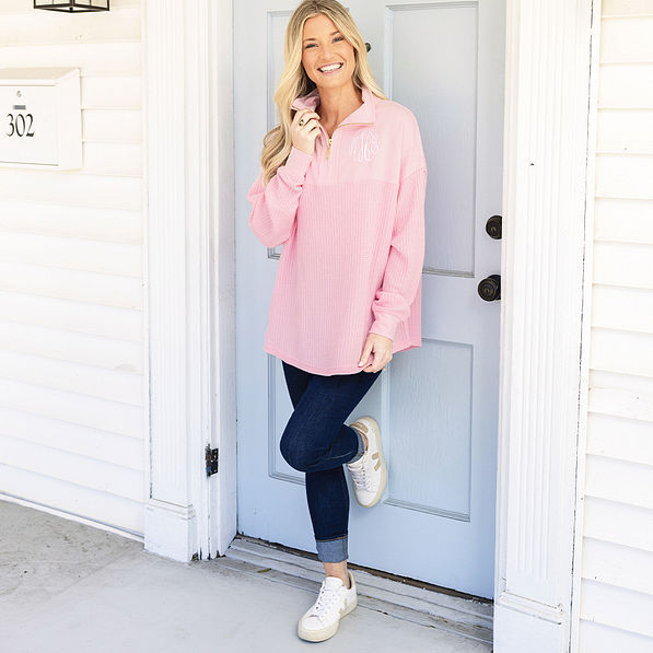 light pink waffle knit pullover on ashley
