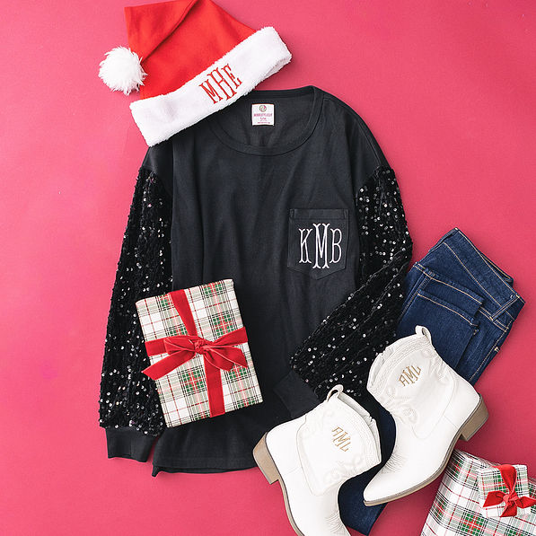 black monogrammed sequin sleeve sweatshirt with santa hat