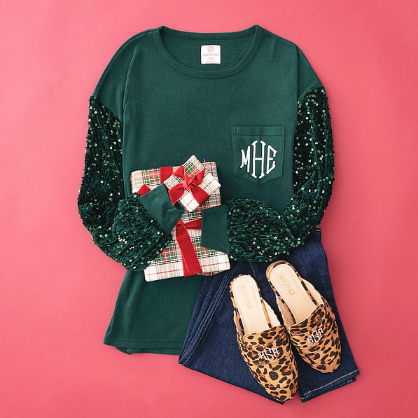 emerald personalized sequin sleeve sweatshirt with loafers