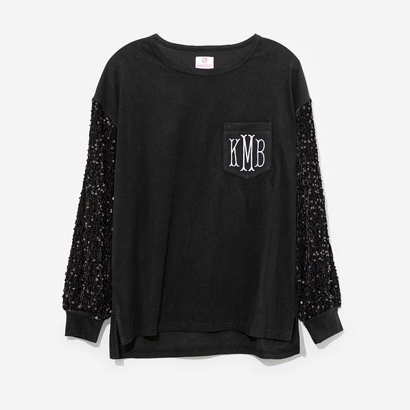 Monogrammed Sequin Sleeve Sweatshirt in Solid Black
