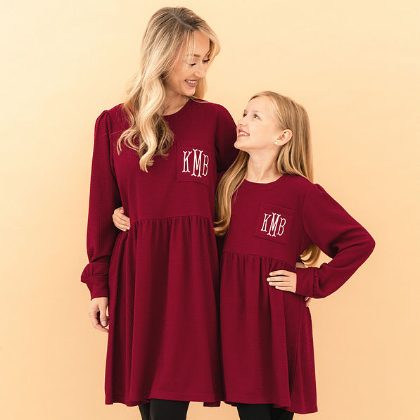 crimson waffle dress on Addie & Brittany