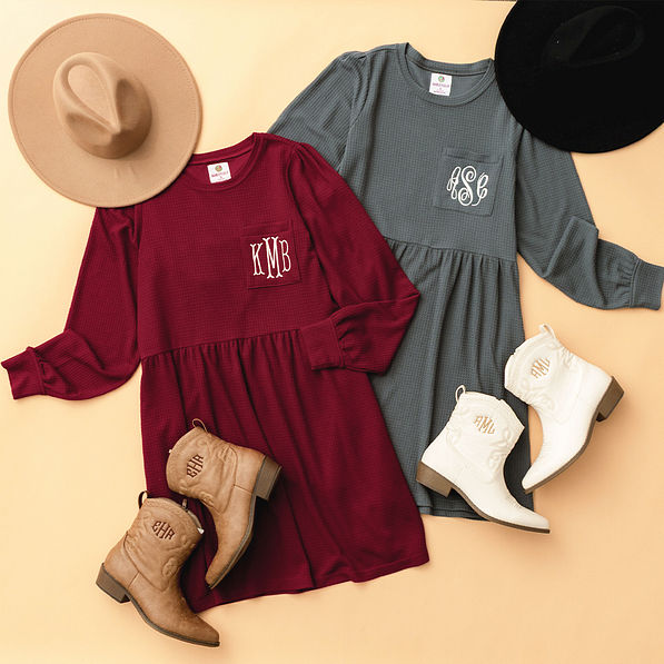 duo waffle dress in crimson and charcoal