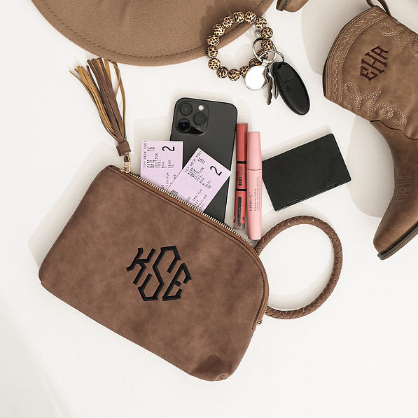 brown wristlet clutch flatlay