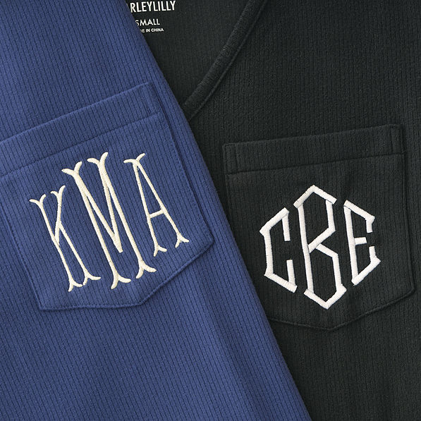close up of indigo and black pajama monograms