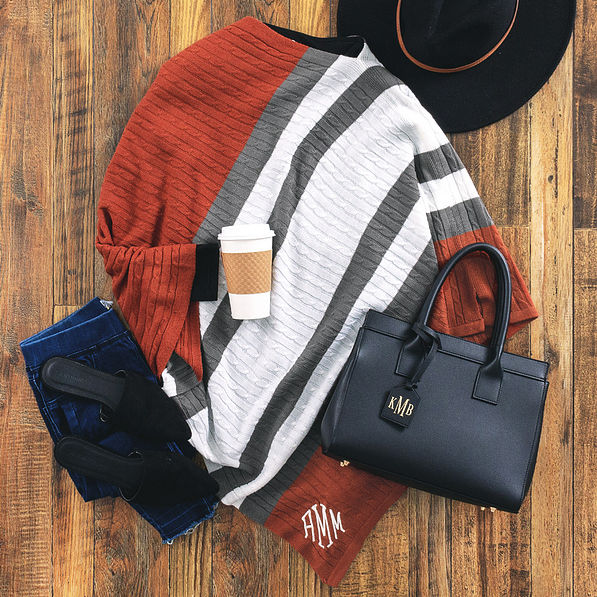 rust striped monogrammed poncho with leather purse