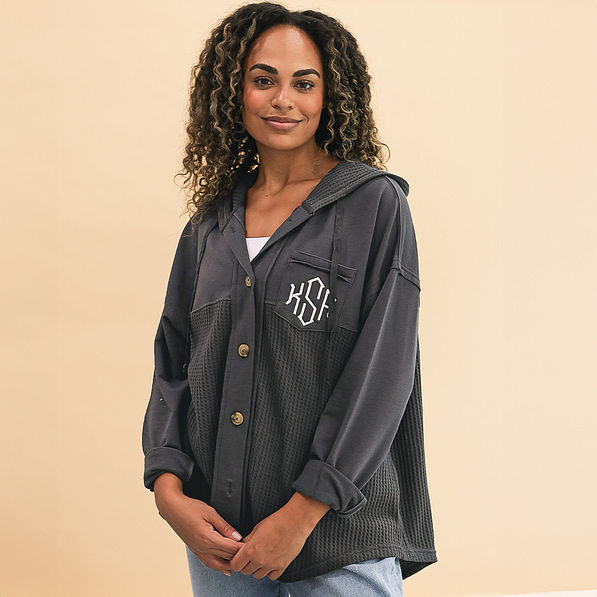 charcoal monogrammed waffle knit shacket