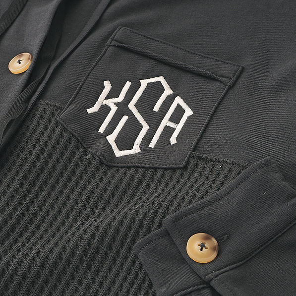 close up of waffle knit charcoal shacket monogram