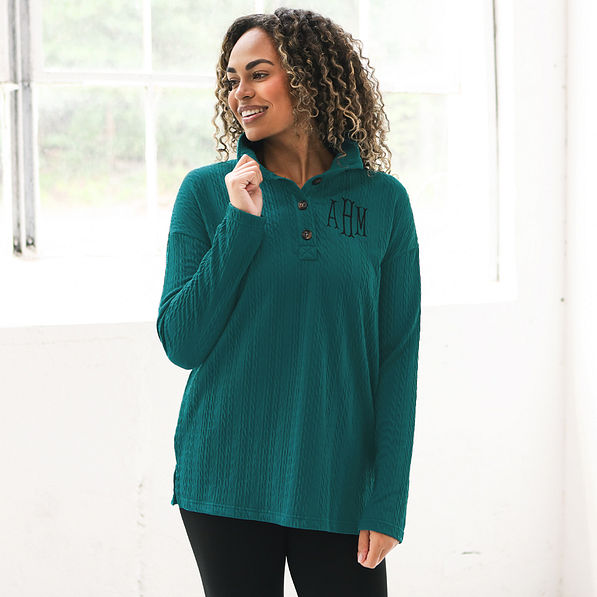 deep teal monogrammed cable knit pullover with leggings