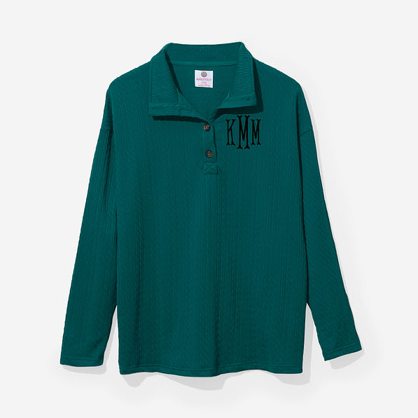 monogrammed cable knit pullover in teal