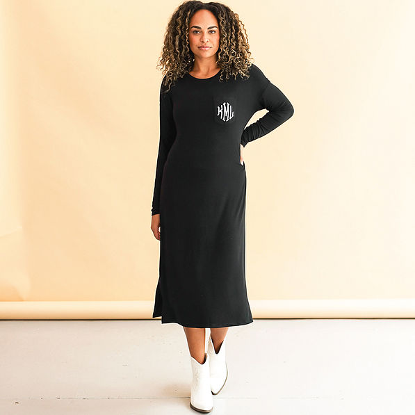 black long sleeve midi dress on jae