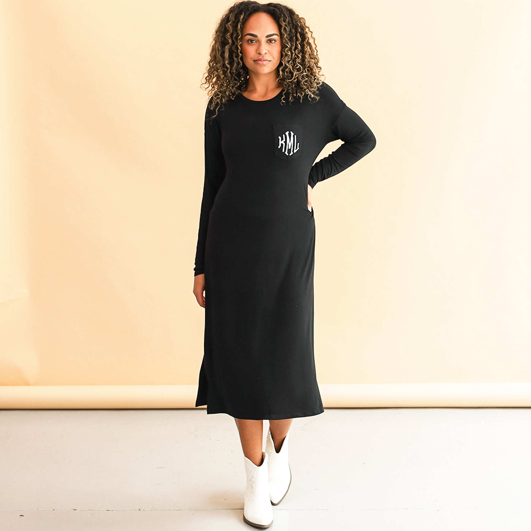 Perfee Printed Surplice Long Sleeve Midi Dress