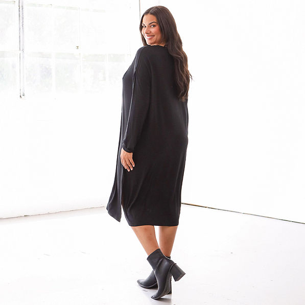 black long sleeve midi dress on julia ann - back view