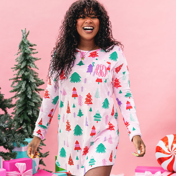 girl wearing pink wonderland christmas softspun nightgown