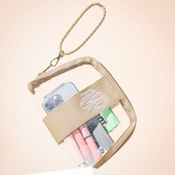 clear stadium gold monogrammed wristlet hanging