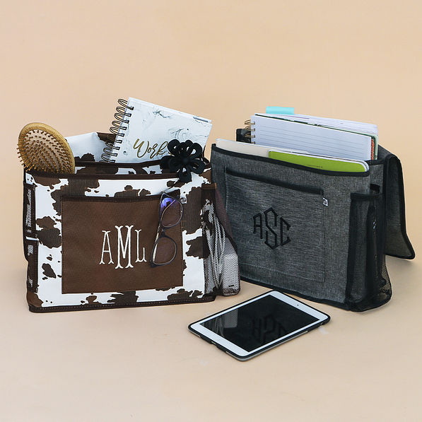 cowhide and heathered grey bedside monogrammed caddys