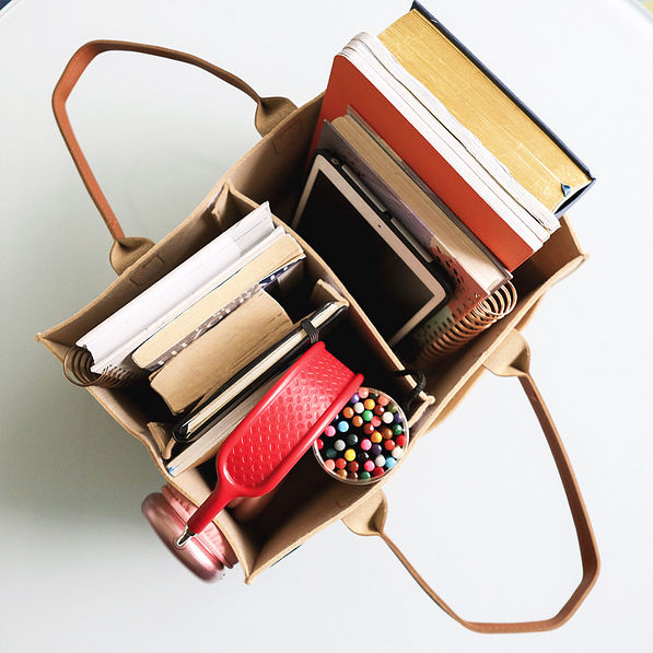 khaki home organizer with books