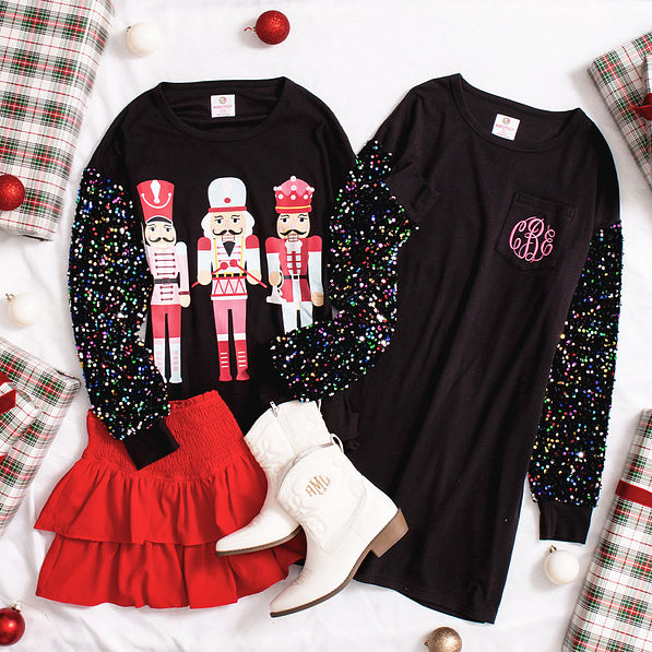 nutcracker sweatshirt with sequin dress flatlay