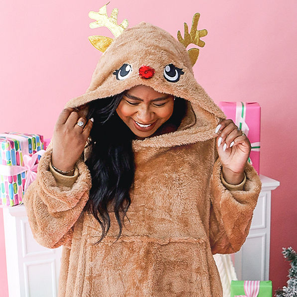 reindeer blanket christmas hoodie closeup