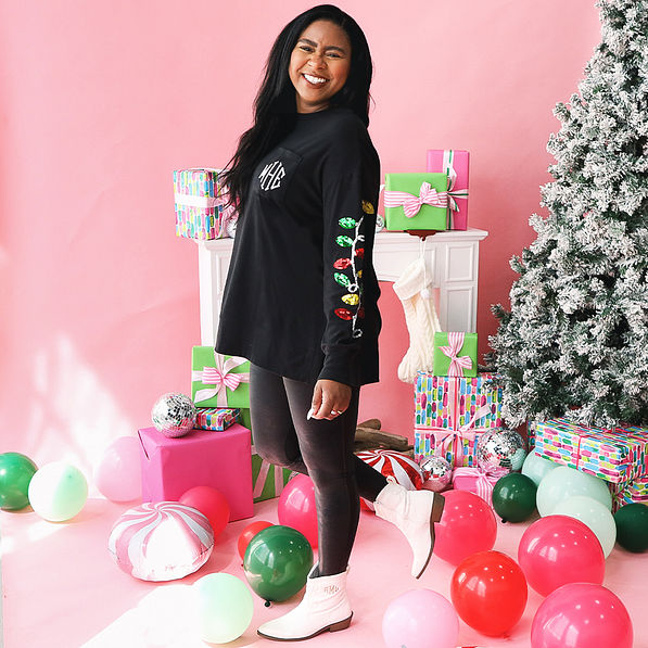 black christmas light sequin sweatshirt with cowboy boots