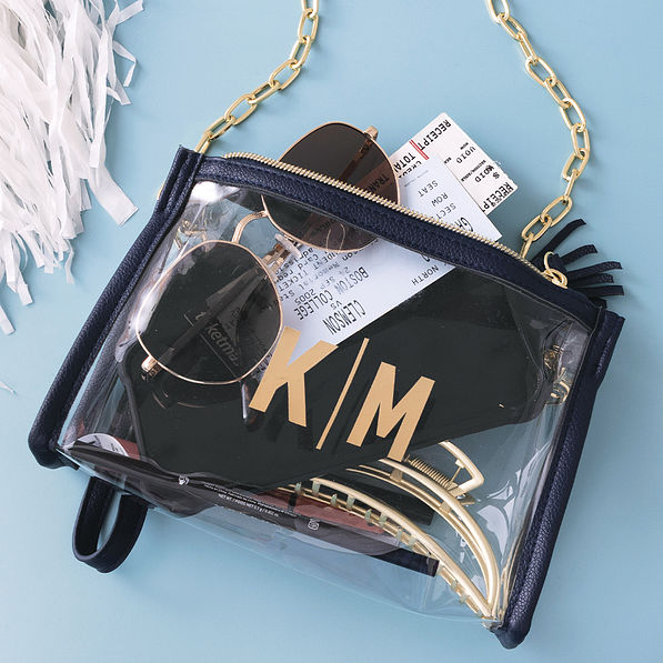 up close of navy monogrammed clear stadium bag