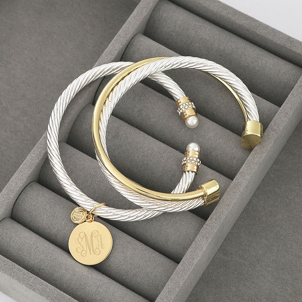 multi silver cable bracelet set in jewelry box