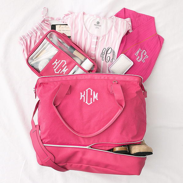 hot pink personalized canvas weekender and large toiletry case