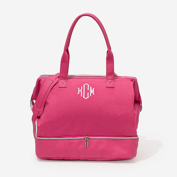 monogrammed canvas weekender in hot pink