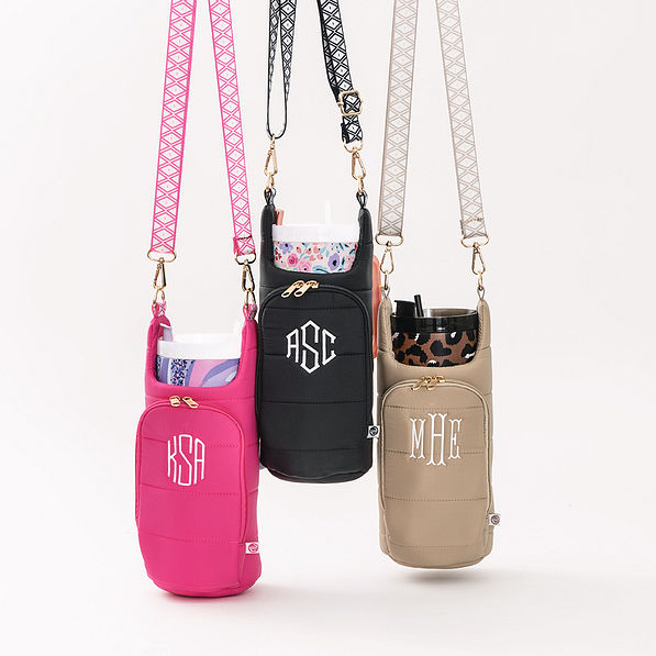 hot pink black and tan monogrammed quilted puffy water bottle holder