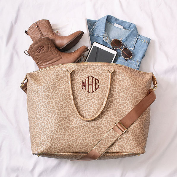 monogrammed gold leopard metallic weekend bag with fall clothing